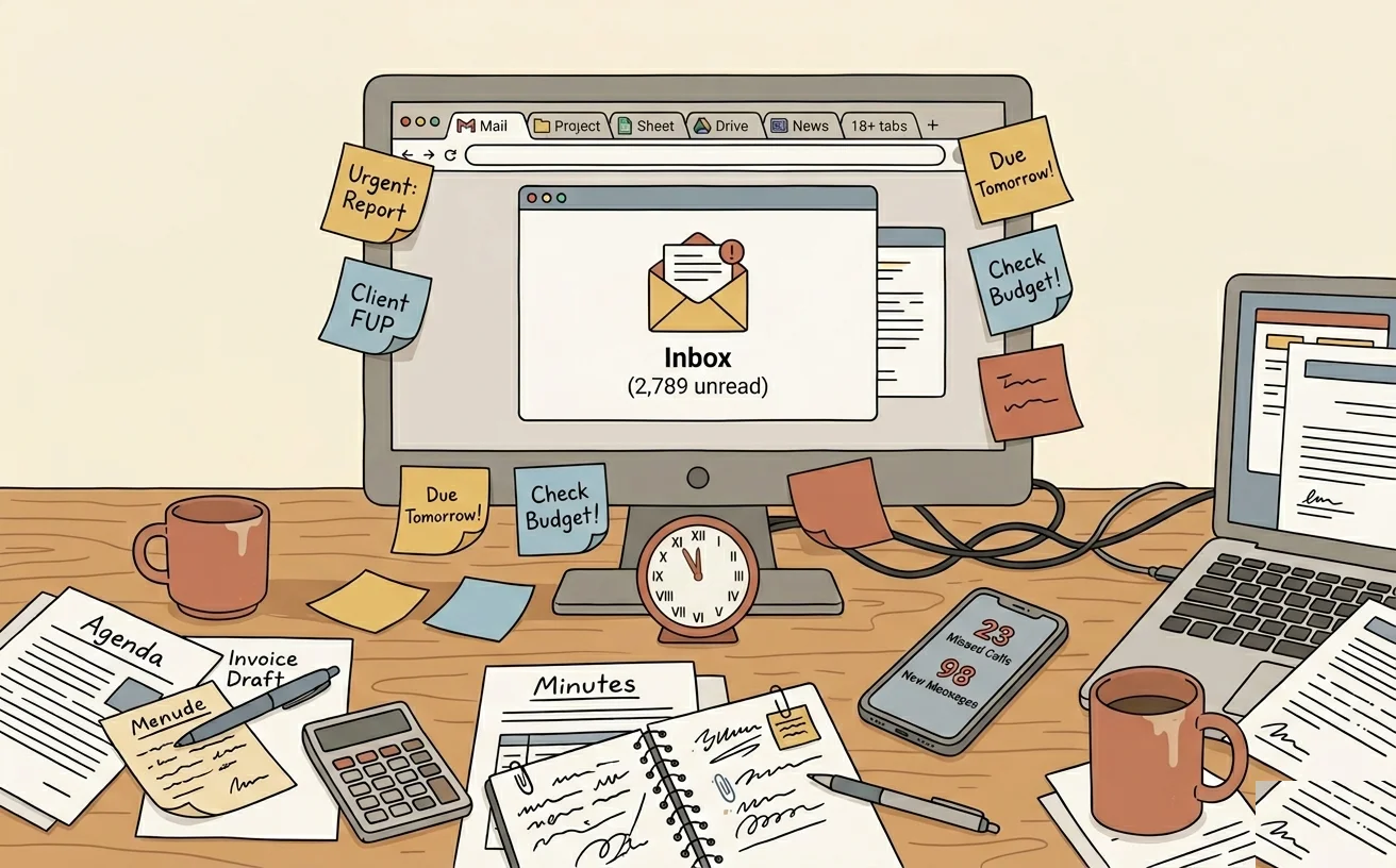 A cluttered desk showing the reality of managing everything alone